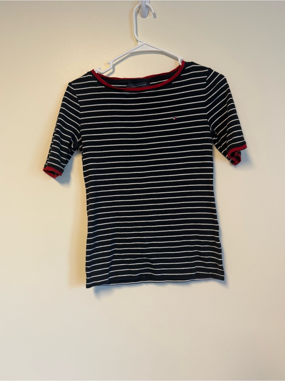 Tommy Hilfiger Navy and White Striped Short Sleeve Tee with Red Trim